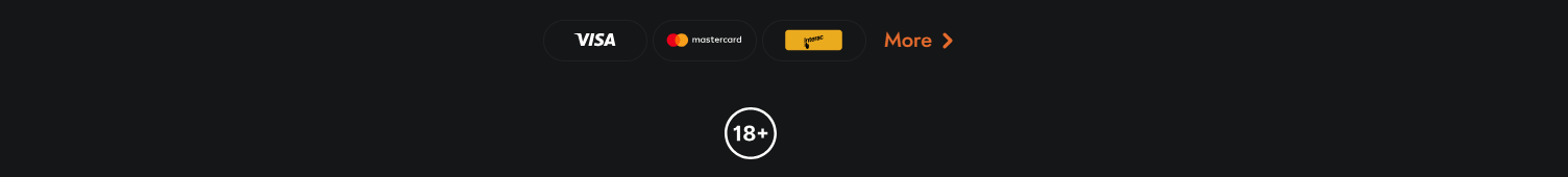 Casino footer displaying Visa, Mastercard, and Jeton payment methods with a “More” link and an 18+ age restriction icon.