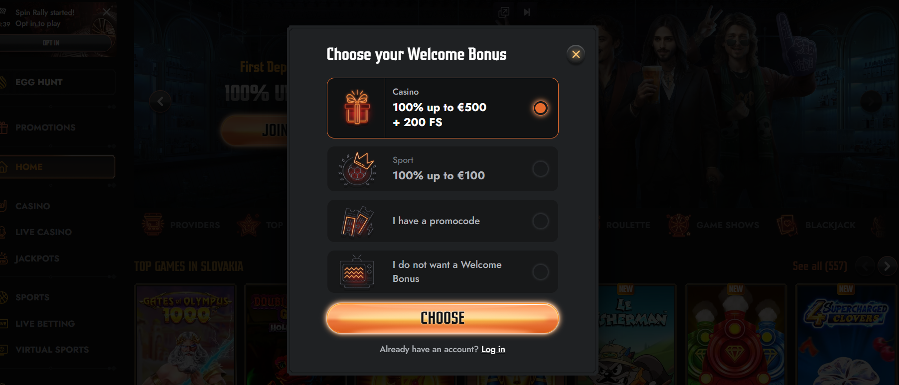 Casino modal window prompting users to choose a welcome bonus with multiple options and a highlighted “Choose” button.