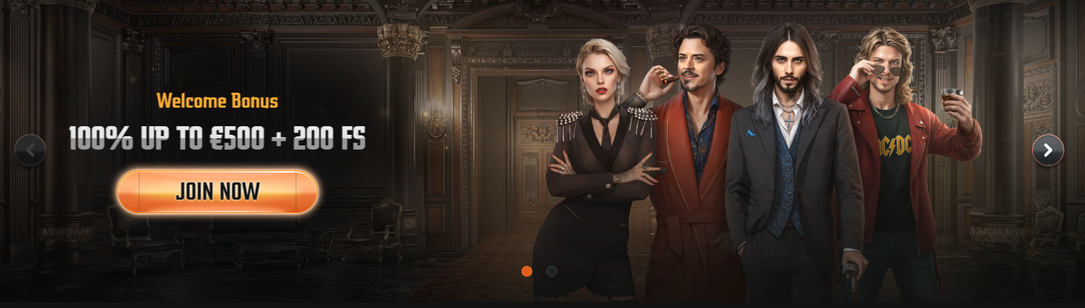 Casino homepage banner featuring stylish players and a welcome bonus offer of 100% up to €500 plus 200 free spins with a “Join Now” button.